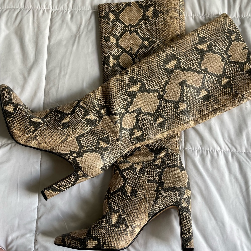 Steve Madden Joanis Snake Knee High Block Heel Pointed Toe Dress Boots